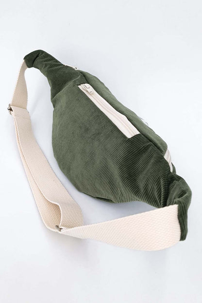 Poche intérieur sac banane vert côtelé tissu upcyclé 